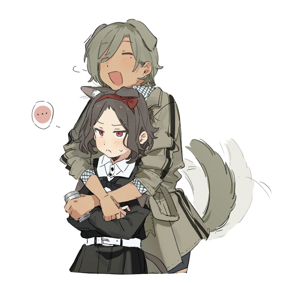 ..., 2girls, afterimage, animal_ear_fluff, animal_ears, beer_can, belt, black_dress