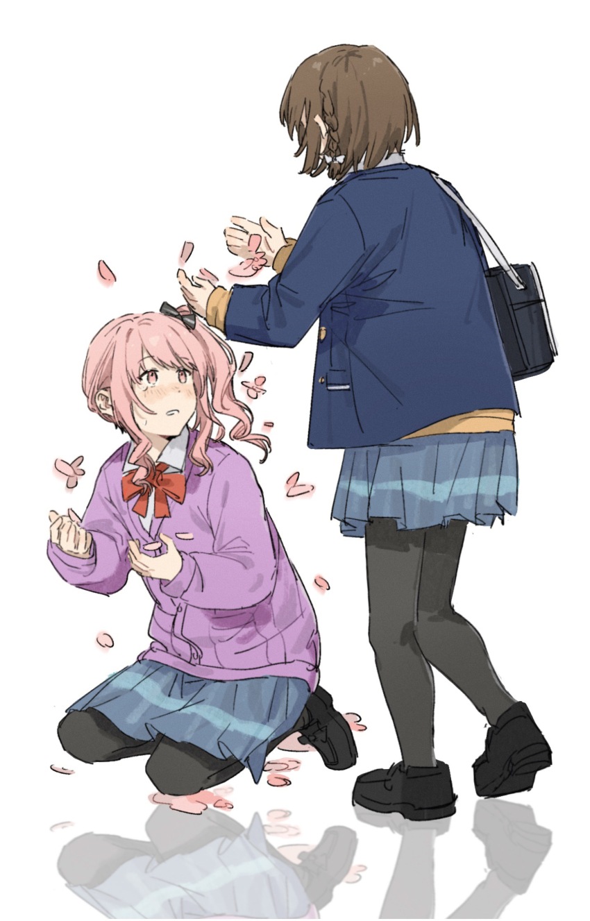 1girl, 1other, akiyama_mizuki, bag, black_bag, black_pantyhose, black_shoes, blue_jacket