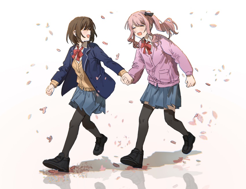 2girls, akiyama_mizuki, black_pantyhose, black_shoes, black_thighhighs, blue_jacket, blue_skirt, blush