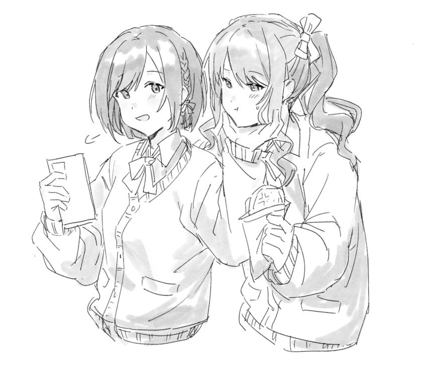 1girl, 1other, akiyama_mizuki, blush, bow, braid, cardigan, cellphone