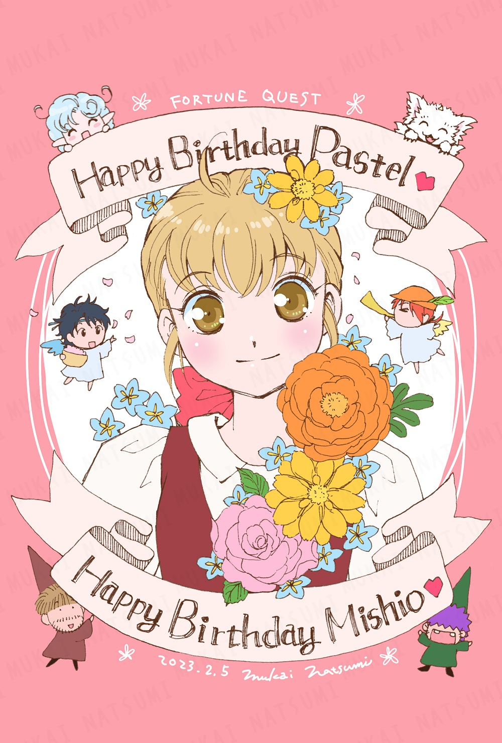 2girls, 4boys, ahoge, blue_flower, brown_hair, character_name, chibi, clay_s._anderson, closed_mouth, copyright_name, creator_name, dated, flower, fortune_quest, hair_flower, hair_ornament, happy_birthday, highres, kitton_(fortune_quest), knoll_(fortune_quest), mukai_natsumi, multiple_boys, multiple_girls, orange_flower, pastel_g._king, pink_flower, rumy_(fortune_quest), shiro_(fortune_quest), shirt, trapp_(fortune_quest), white_shirt, yellow_flower