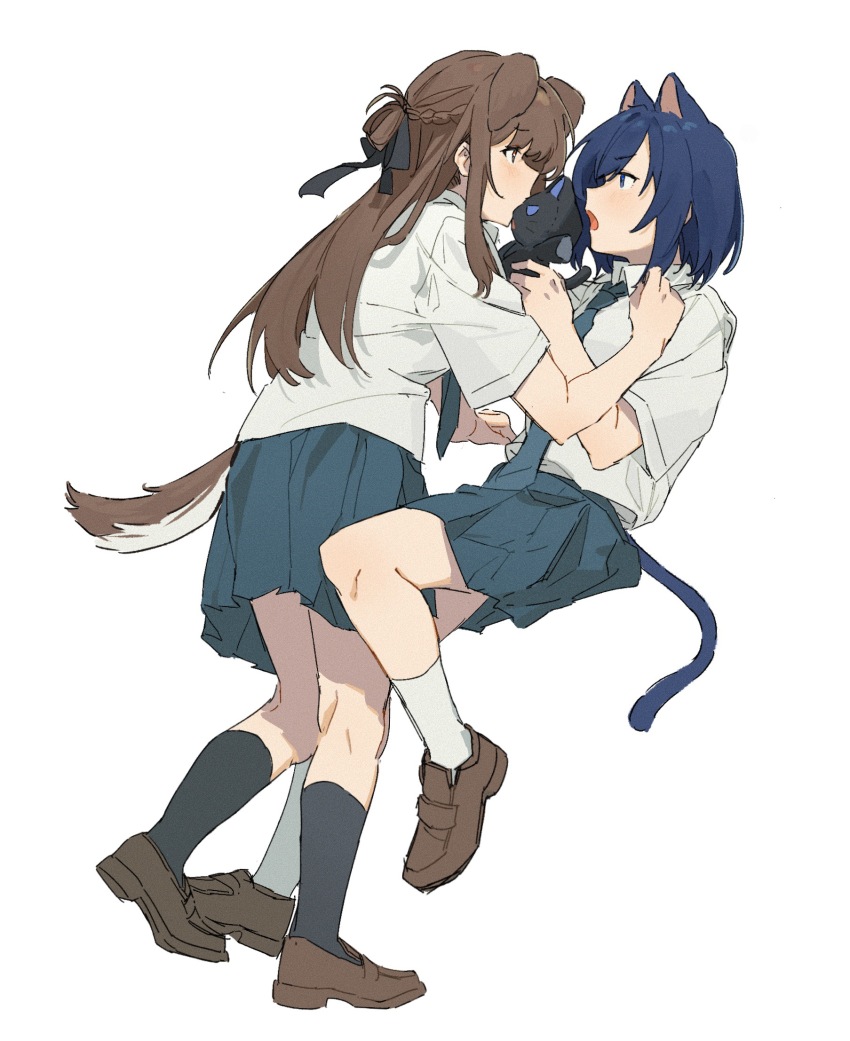 2girls, animal_ears, black_ribbon, black_socks, blue_eyes, blue_hair, blue_necktie, blue_skirt