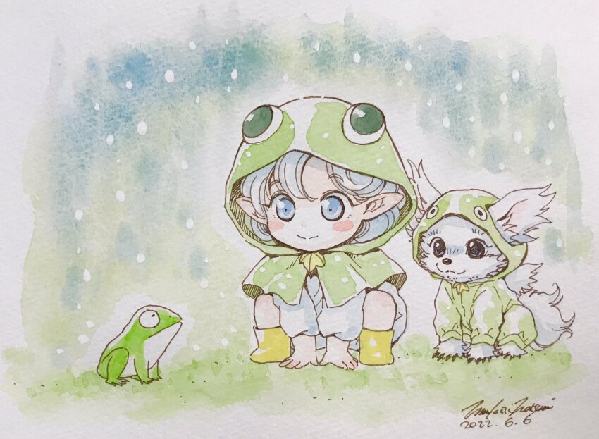 1girl, animal_hood, blue_eyes, blush_stickers, boots, child, closed_mouth, dated, fortune_quest, frog, frog_hood, full_body, grey_hair, highres, hood, mukai_natsumi, official_art, painting_(medium), pointy_ears, rubber_boots, rumy_(fortune_quest), shiro_(fortune_quest), short_hair, signature, smile, squatting, traditional_media, watercolor_(medium), yellow_boots