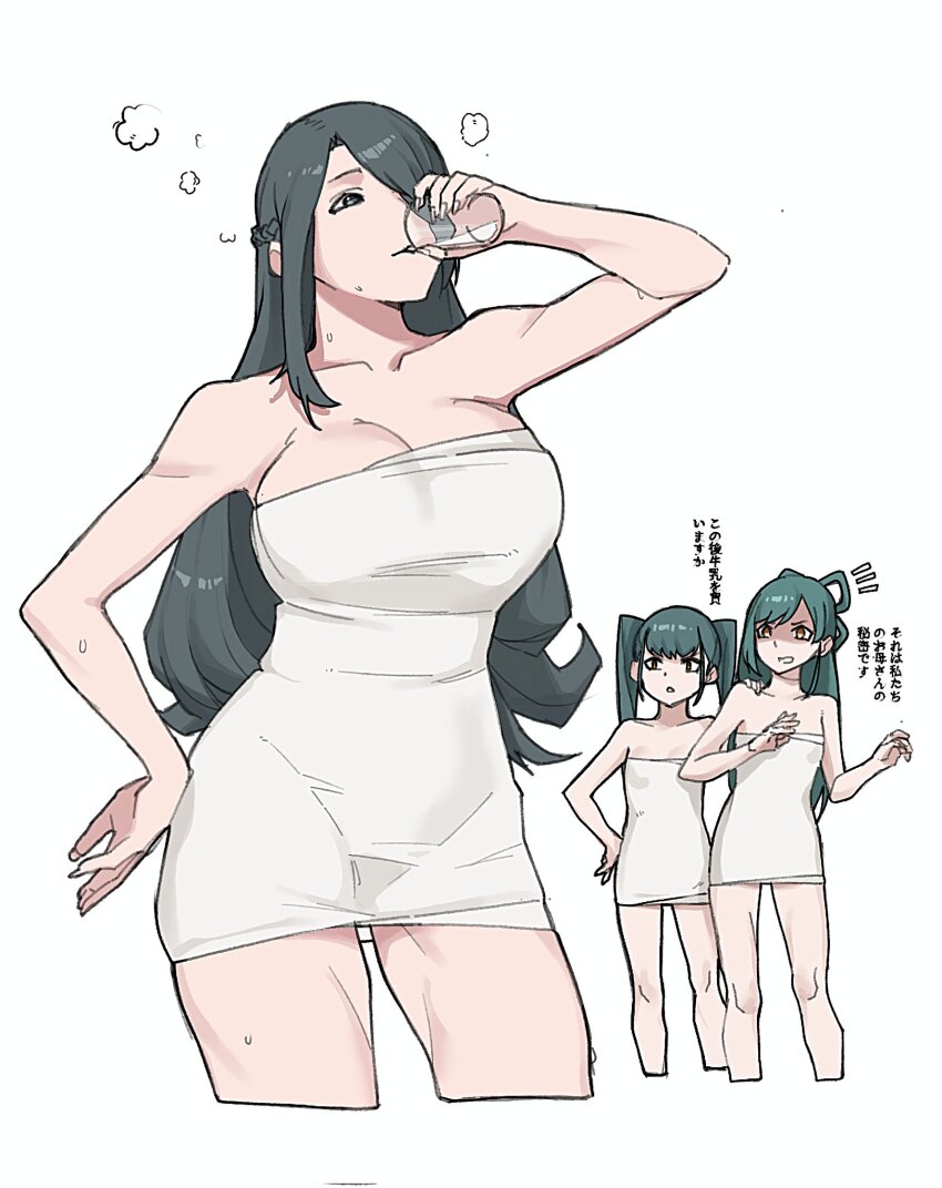 3girls, azuma_fubuki, azuma_himari_(mato_seihei_no_slave), azuma_yachiho, bare_shoulders, breast_envy, breasts, cleavage, collarbone, drinking, family, female_focus, green_hair, hair_over_one_eye, highres, large_breasts, long_hair, mato_seihei_no_slave, mother_and_child, mother_and_daughter, multiple_girls, parent_and_child, saikiseiya, siblings, sisters, towel, twintails
