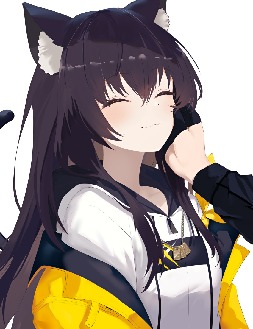 1girl, 1other, ^_^, absurdres, animal_ears, black_gloves, black_hair, black_shirt