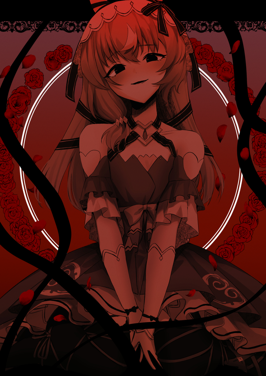 1girl, absurdres, animal_ears, bare_shoulders, brown_hair, collarbone, cowboy_shot, detached_sleeves, dress, empty_eyes, flower, hair_between_eyes, hair_ornament, head_tilt, highres, horse_ears, horse_girl, jitome, long_hair, looking_at_viewer, nakichi_n, open_mouth, own_hands_together, parted_lips, petals, red_theme, rose, smile, solo, still_in_love_(umamusume), umamusume, veil, yandere