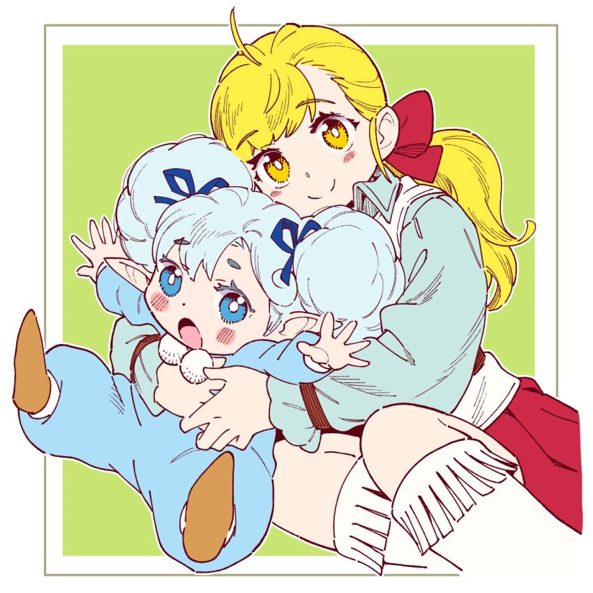 2girls, ahoge, arms_up, blonde_hair, blue_eyes, blue_hair, blue_ribbon, blush