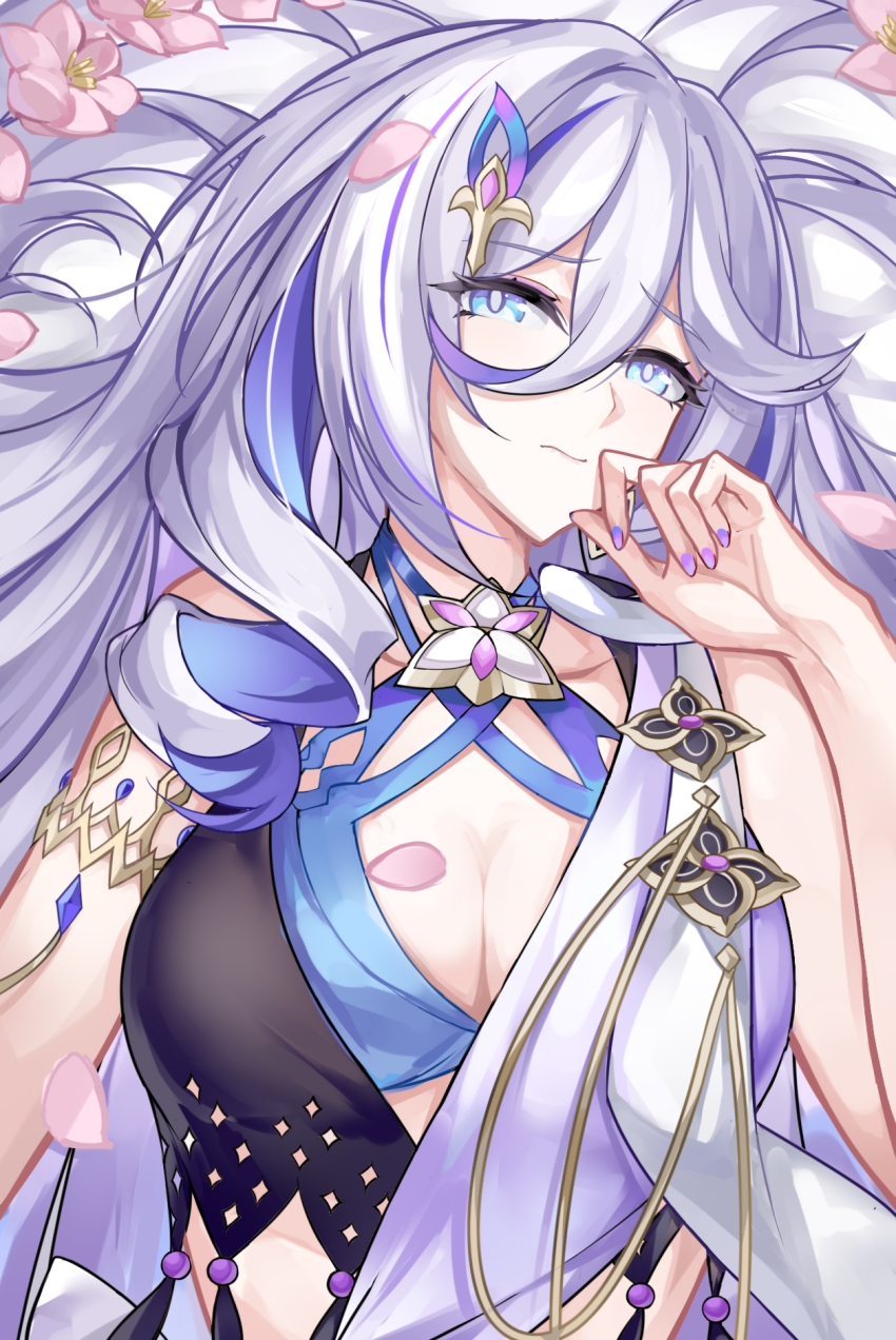 1girl, blue_eyes, blue_hair, breasts, chinese_commentary, cleavage, closed_mouth, colored_inner_hair