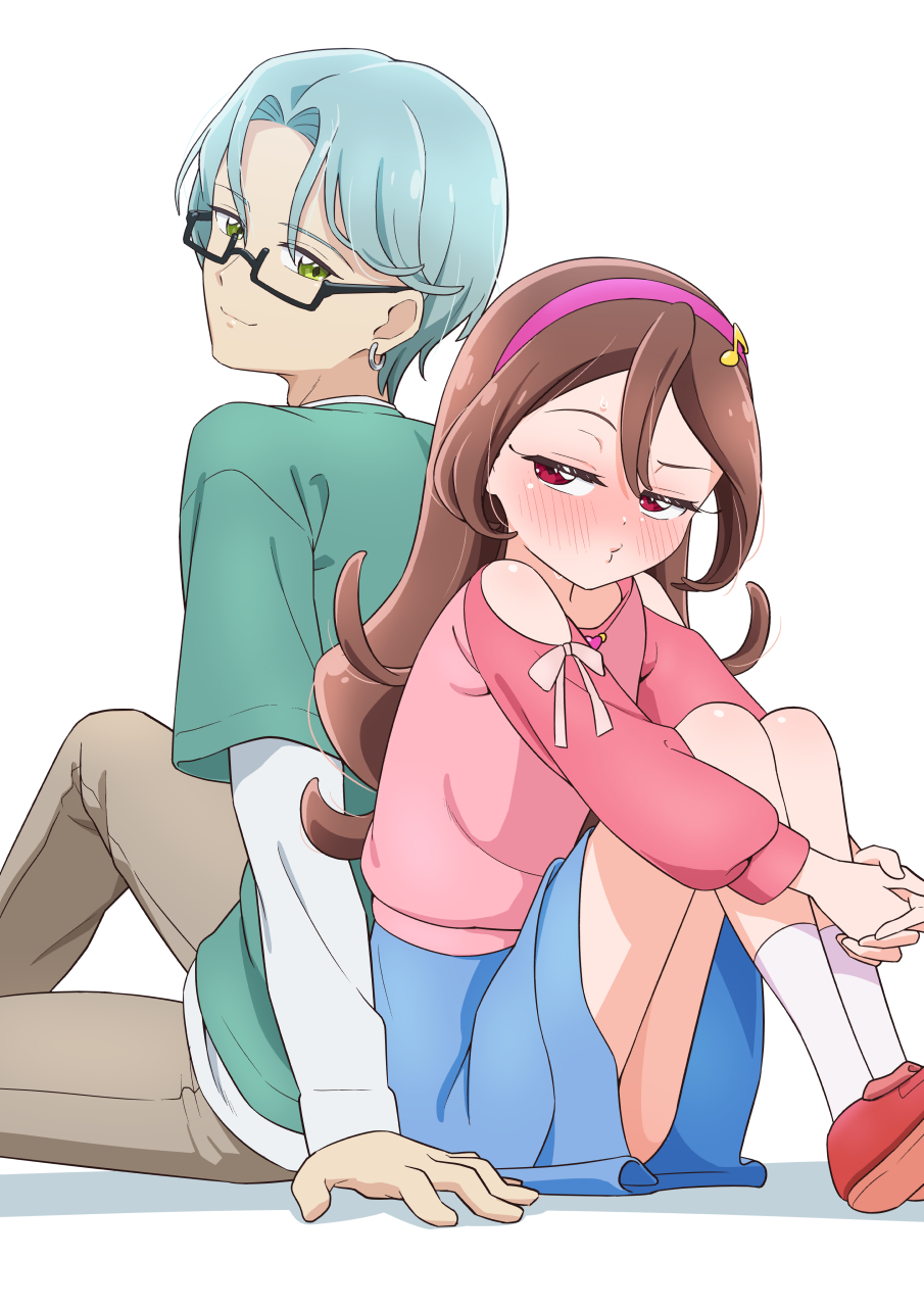 1boy, 1girl, aqua_hair, black-framed_eyewear, blue_skirt, blush, brown_hair, brown_pants, closed_mouth, clothing_cutout, commentary, earrings, fortissimo, glasses, green_eyes, green_shirt, hair_ornament, hairband, hibiki_kaito, highres, jewelry, kimi_to_idol_precure, long_hair, long_sleeves, musical_note, musical_note_hair_ornament, open_mouth, pants, pink_hairband, precure, red_eyes, red_shirt, red_shoes, sakura_uta_(precure), semi-rimless_eyewear, shadow, shirt, shirt_under_shirt, shoes, short_hair, shoulder_cutout, skirt, socks, tiler_(tiler00), white_background, white_shirt, white_socks
