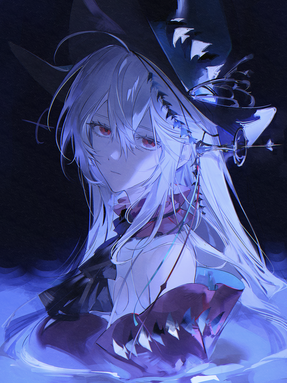 1girl, arknights, ascot, bare_shoulders, black_ascot, black_hat, breasts, ddinut