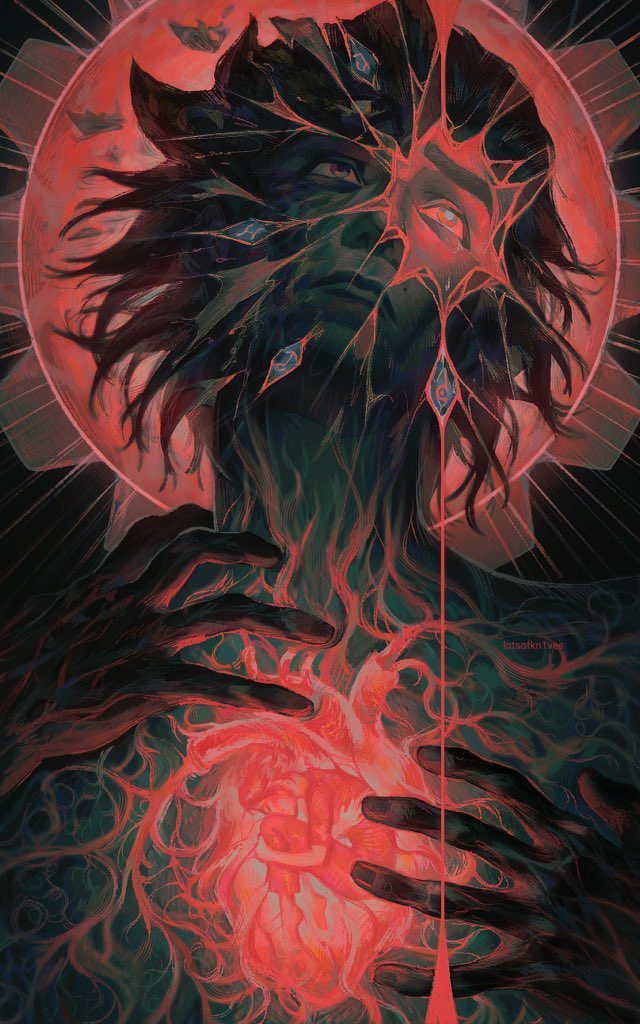 1boy, arcane:_league_of_legends, arcane_savior_viktor, body_horror, close-up, closed_eyes, dual_persona, halo, halo_behind_head, head_tilt, heart_(organ), league_of_legends, lotsofkn1ves, male_focus, shards, shattered, solo, viktor_(league_of_legends)