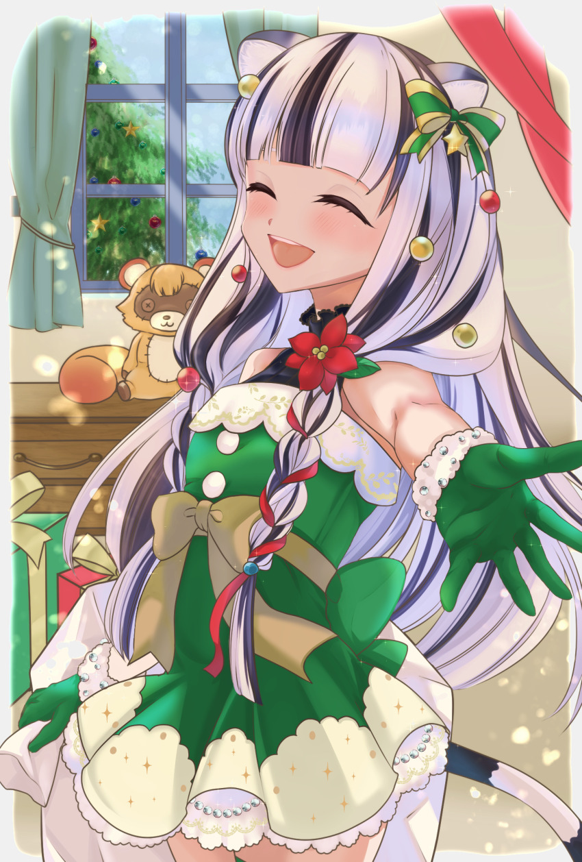 1girl, :d, ^_^, animal_ears, atla_fayon, bare_shoulders, black_dress, black_hair