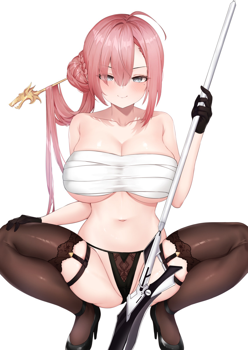 1girl, absurdres, bare_shoulders, black_gloves, black_panties, black_shoes, braid, breasts