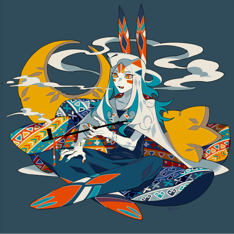 1boy, animal_hat, blue_hair, cape, colored_inner_hair, colored_skin, commentary_request, edarow