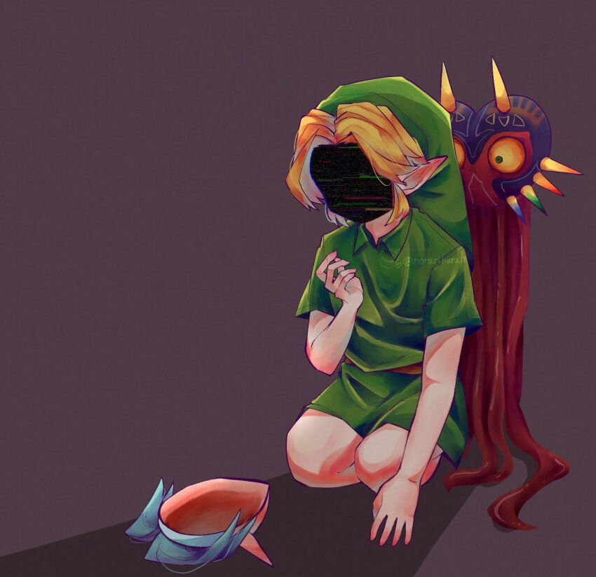 1boy, belt, blonde_hair, commentary, faceless, glitch, green_hat, green_tunic, hat, highres, kneeling, link, majora_(zelda), male_focus, mask, nintendo, norakinura, pointy_ears, pointy_hair, short_hair, the_legend_of_zelda, the_legend_of_zelda:_majora's_mask, tunic, young_link