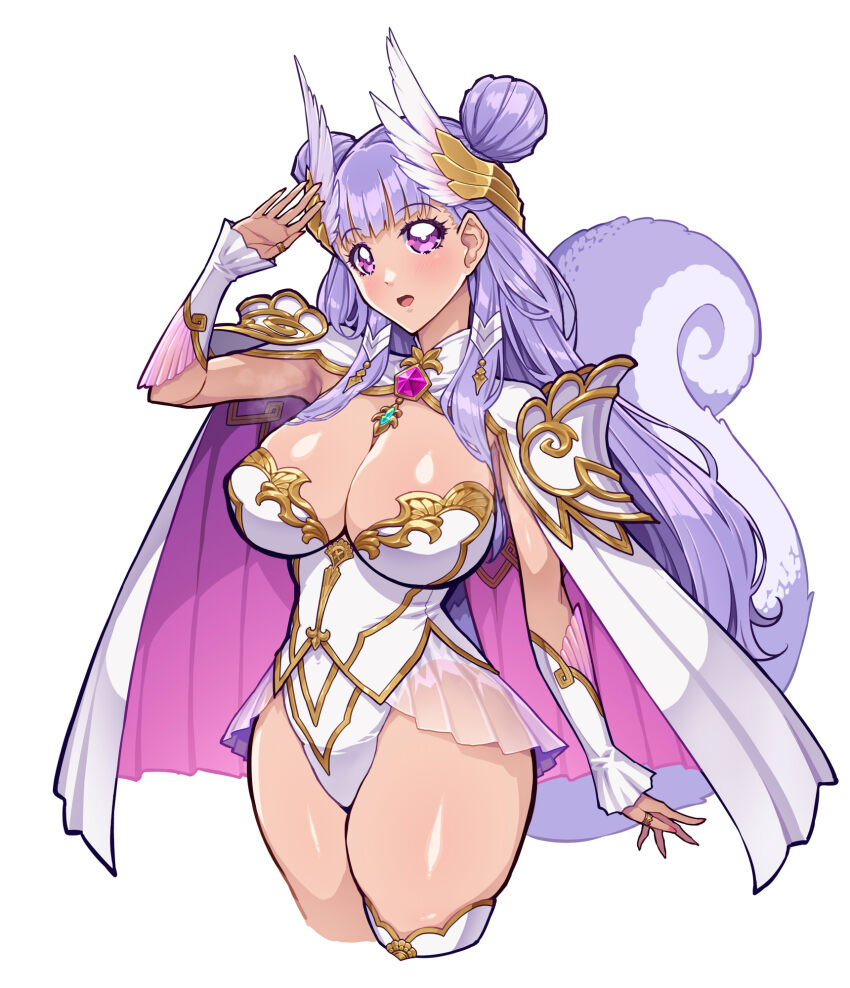 144_(riesztan), armor, breasts, cape, cleavage, double_bun, hair_bun, hair_ornament, highleg, highres, hikasa_youko, leotard, palamena_(visions_of_mana), pleated_cape, pleated_skirt, purple_eyes, purple_hair, purple_tail, salute, see-through_clothes, see-through_skirt, seiken_densetsu, shoulder_armor, showgirl_skirt, simple_background, skirt, squirrel_tail, tail, thigh_strap, thighs, two-tone_cape, visions_of_mana, wing_hair_ornament