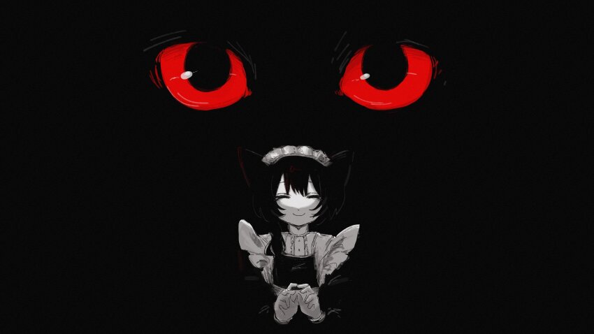 1girl, 3h3983, absurdres, animal_ears, black_background, black_cat, blending, cat