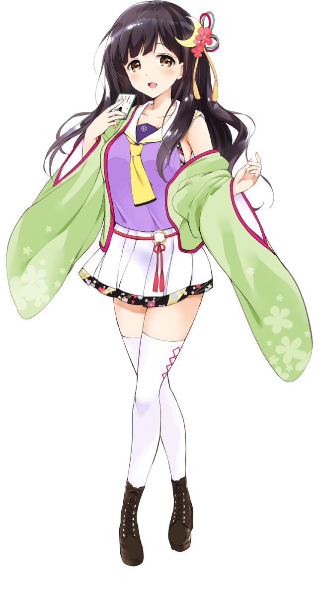 1girl, arashiyama_shigure, black_hair, detached_sleeves, floral_print, flower_ornament, hair_ornament, highres, hime_cut, japanese_clothes, long_hair, official_art, onsen_musume, school_uniform, shoes, skirt, smile, solo, standing, tassel, thighhighs, white_skirt, white_thighhighs, wide_sleeves, yellow_eyes