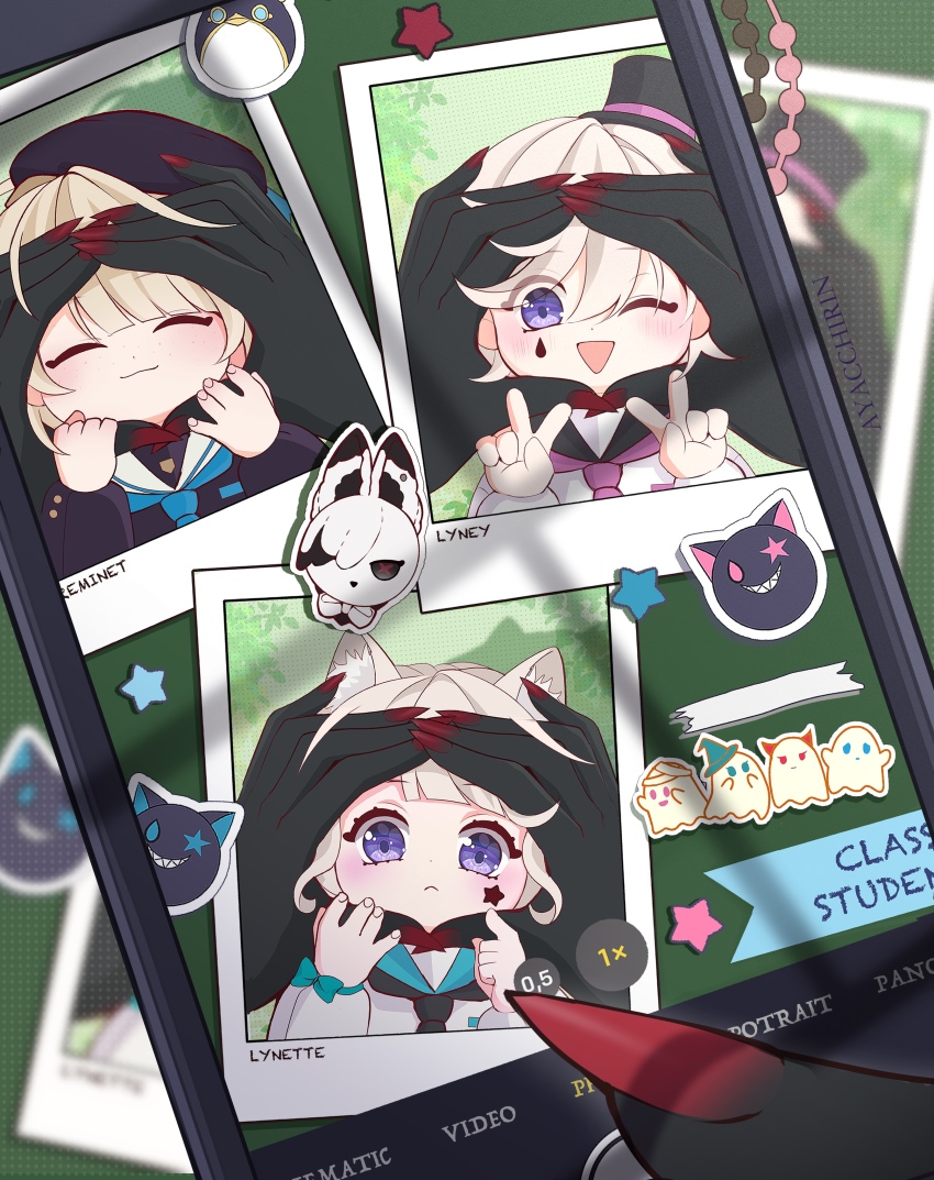 2boys, 2girls, absurdres, animal_ear_fluff, animal_ears, aqua_neckerchief, arlecchino_(genshin_impact), ayacchirin