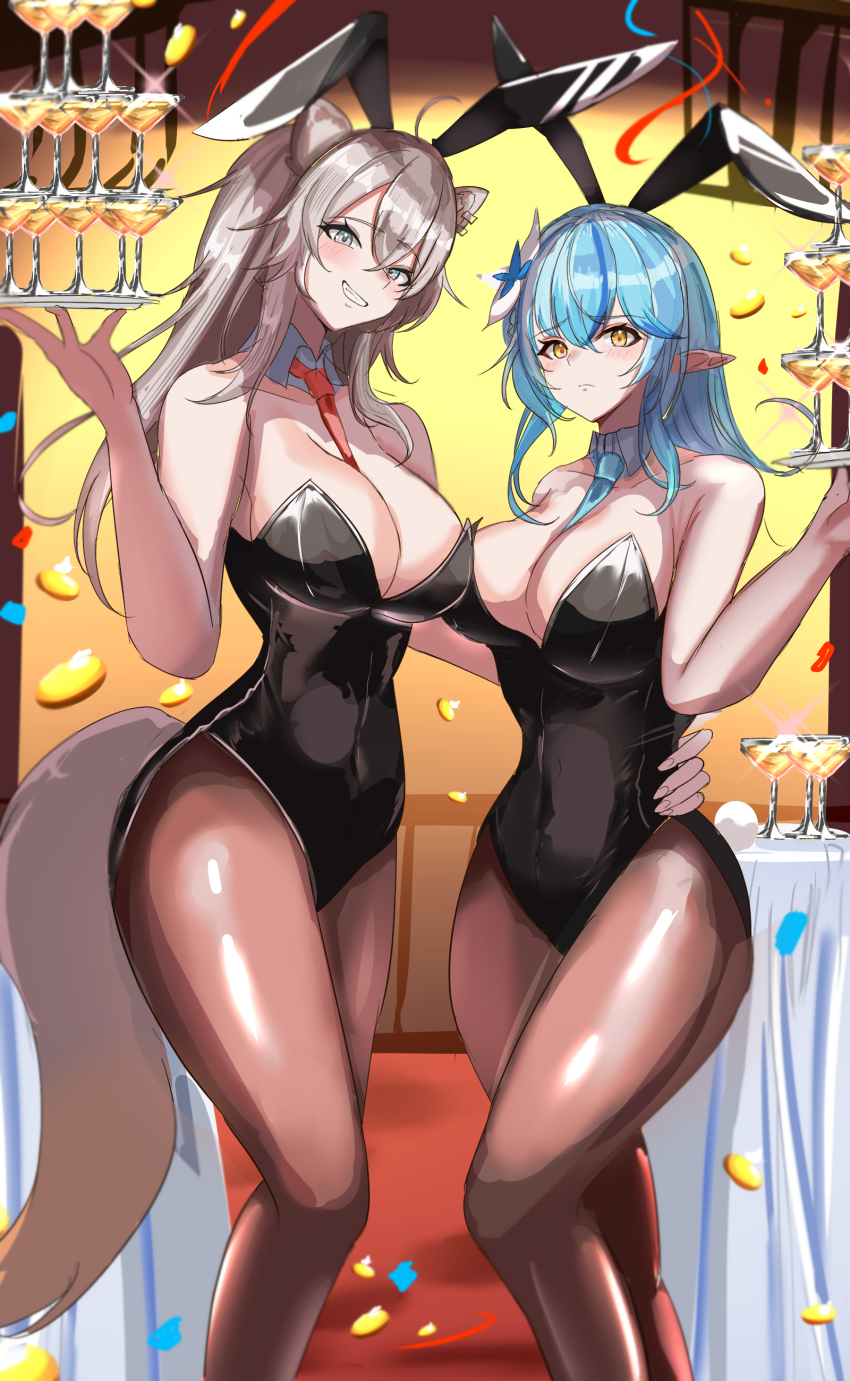2girls, absurdres, animal_ears, bare_shoulders, black_leotard, black_pantyhose, blue_hair, blush