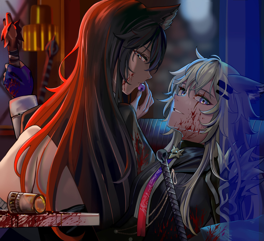 2girls, animal_ears, arknights, black_hair, blood, blood_on_face, blue_eyes, blue_light