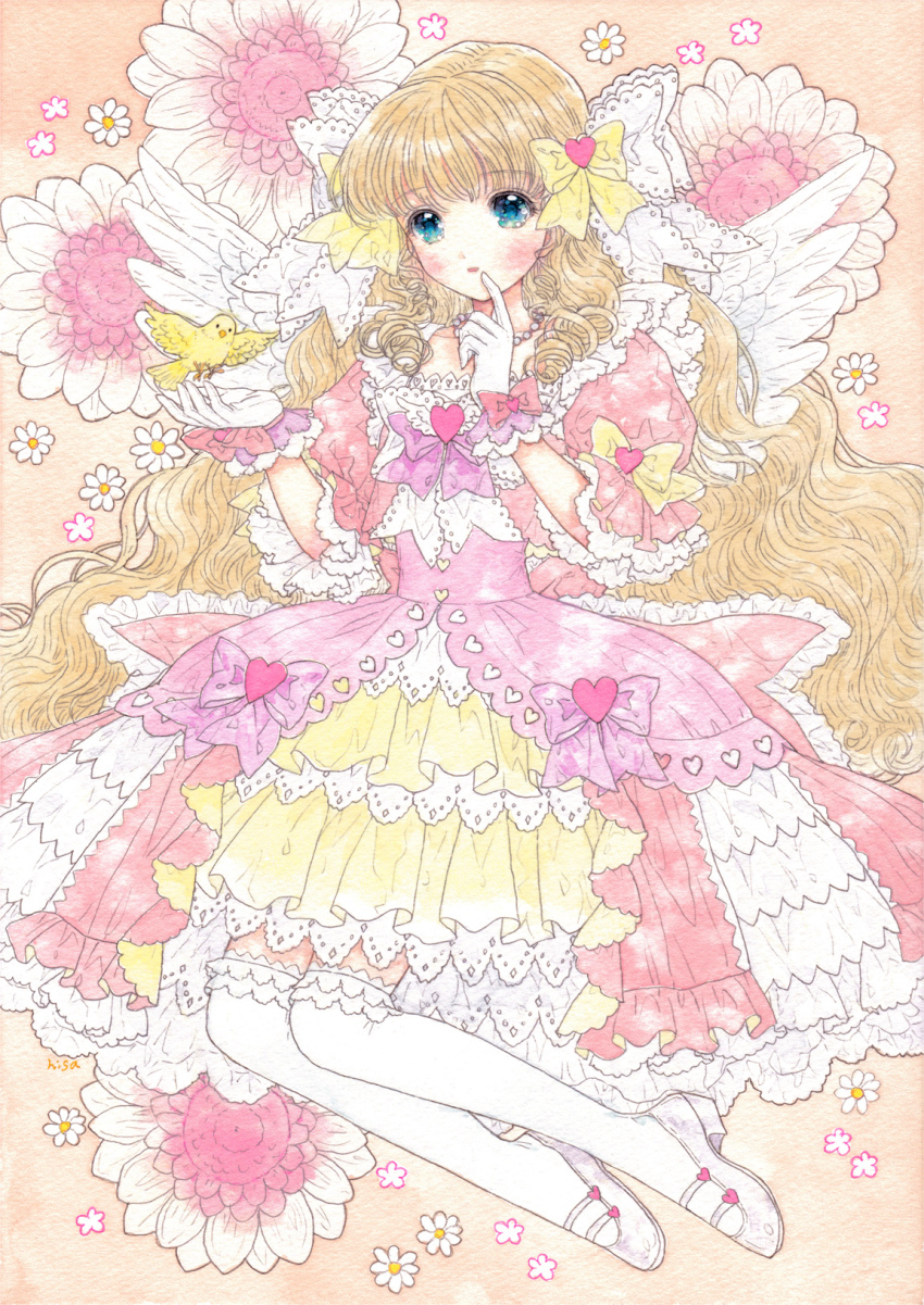 1girl, angel, animal, bird, blonde_hair, blue_eyes, bow, collared_dress