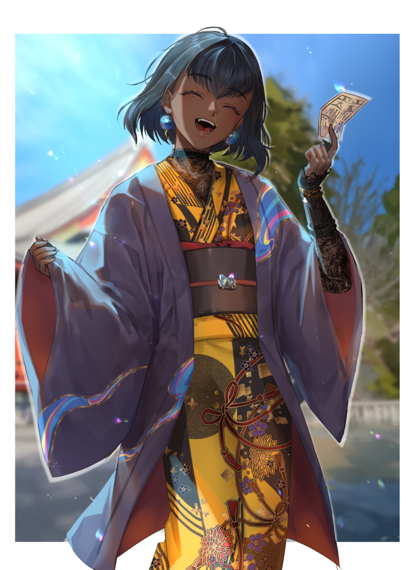 1girl, :d, alternate_costume, black_hair, border, dark-skinned_female, dark_skin, day