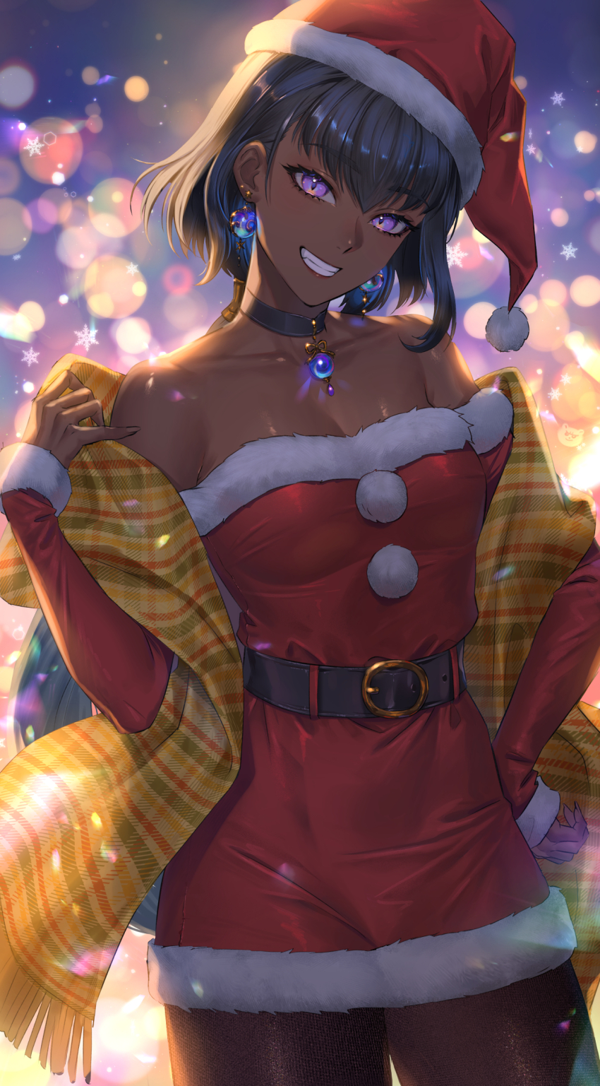 1girl, bare_shoulders, black_choker, black_hair, breasts, choker, collarbone, cowboy_shot, dark-skinned_female, dark_skin, earrings, grin, highres, jewelry, large_breasts, league_of_legends, long_hair, looking_at_viewer, nilah_(league_of_legends), nyaamen_fork, pink_eyes, santa_costume, smile, solo, teeth