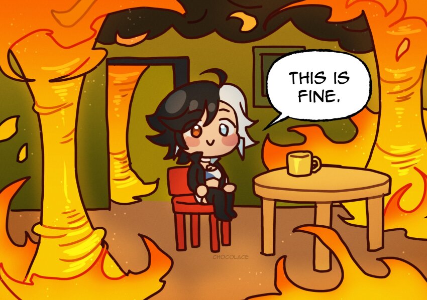 1girl, black_hair, blue_eyes, breasts, cchocolace, chibi, choker, fire