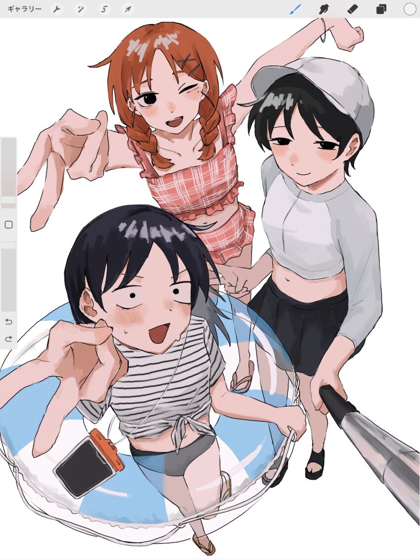 3girls, :d, arm_up, arms_up, art_program_in_frame, baseball_cap, bikini, black_eyes, black_hair, blush, braid, brown_hair, cellphone, closed_mouth, commentary_request, frilled_bikini, frills, from_above, futsuu_no_keion-bu, hair_ornament, hat, hatono_chihiro, highres, holding, holding_swim_ring, innertube, kouyama_rin, kusakabe_(kskb_e), long_hair, long_sleeves, looking_at_viewer, midriff, mole, mole_under_eye, multiple_girls, navel, one_eye_closed, open_mouth, parted_bangs, phone, plaid_bikini, plaid_clothes, procreate_(software), rash_guard, red_bikini, sandals, selfie, selfie_stick, shirt, short_hair, short_sleeves, simple_background, smartphone, smile, standing, standing_on_one_leg, striped_clothes, striped_shirt, swim_ring, swimsuit, t-shirt, taking_picture, twin_braids, twintails, uchida_momo, v, white_background, white_hat, x_hair_ornament