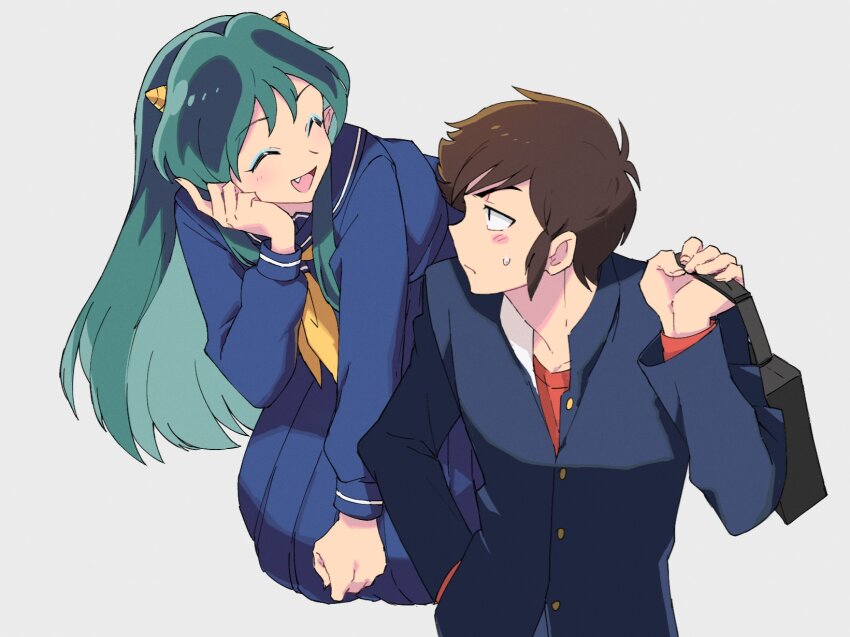 1boy, 1girl, bag, blue_sailor_collar, blue_skirt, blush_stickers, brown_hair, buttons, closed_mouth, collared_shirt, eyelashes, flying, green_hair, hand_up, highres, holding, long_hair, long_sleeves, looking_at_another, lum, moroboshi_ataru, neckerchief, open_mouth, qrhara555, red_shirt, sailor_collar, school_bag, school_uniform, serafuku, shirt, short_hair, sidelocks, simple_background, skirt, smile, teeth, urusei_yatsura, white_background, yellow_neckerchief