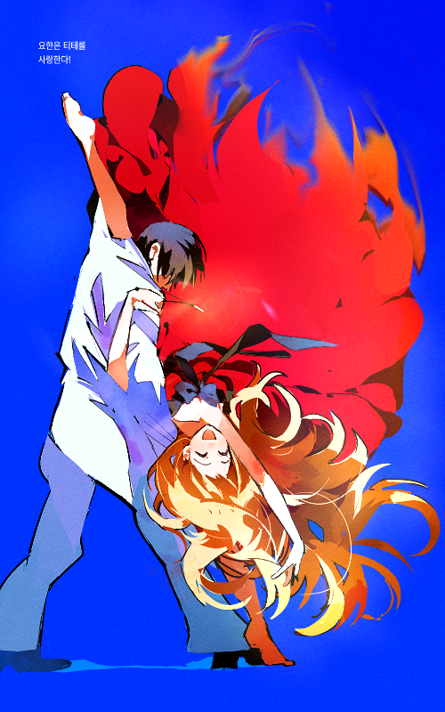 1boy, 1girl, black_bow, black_bowtie, black_hair, blonde_hair, blue_background, bow, bowtie, dancer, dancing, dress, formal_clothes, hotae, long_hair, original, red_dress, simple_background, suit