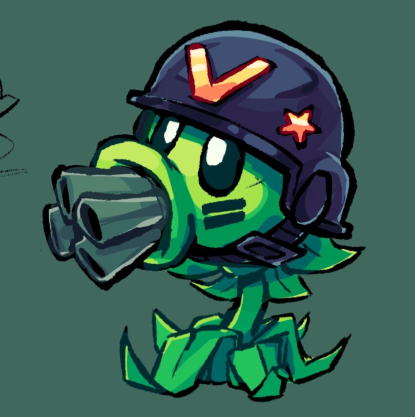 black_helmet, gatling_pea_(plants_vs._zombies), green_background, helmet, highres, leafysky22, no_humans, plants_vs._zombies