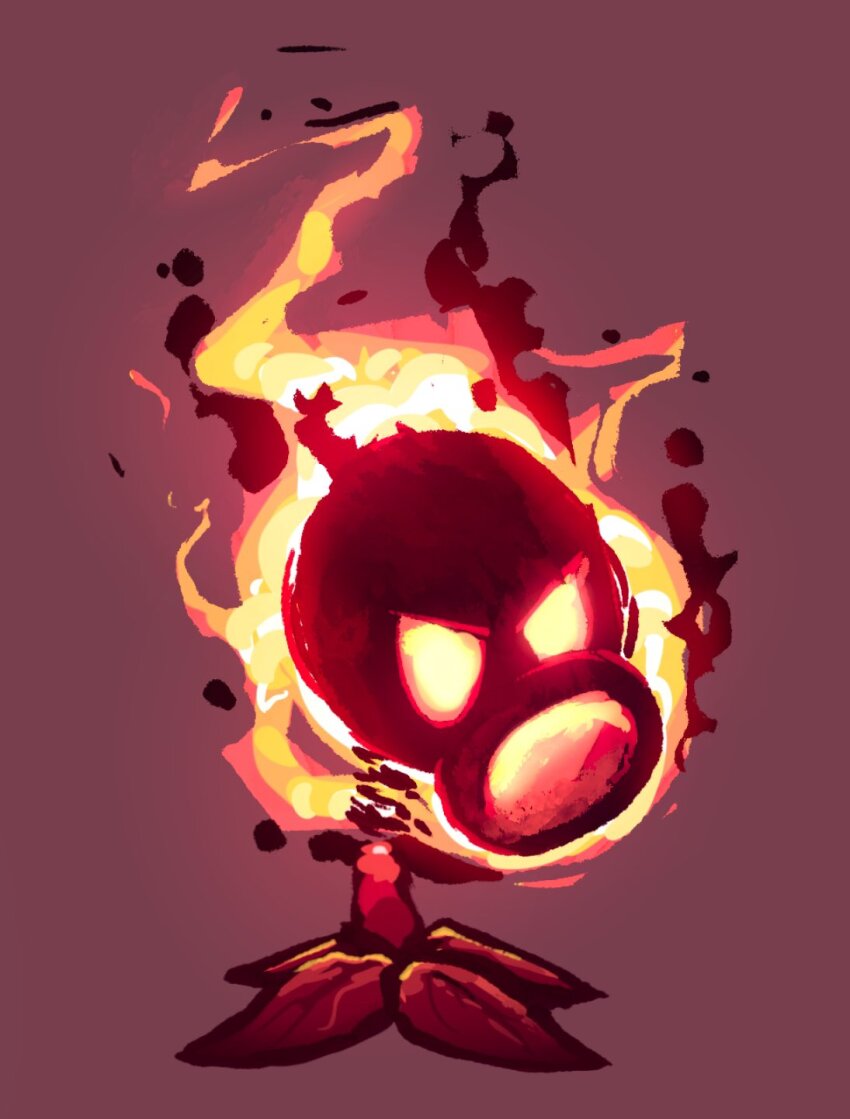 fire, fire_peashooter, highres, leafysky22, no_humans, plants_vs._zombies, plants_vs._zombies_2, red_background, simple_background, solo