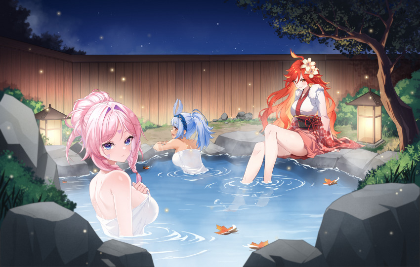 3girls, absurdres, ahoge, ai_ke_le_de_xiao_hong, alternate_costume, bathing, blue_eyes, blue_hair, blue_hairband, blue_pupils, braid, breasts, citlali_(genshin_impact), closed_mouth, commentary_request, dated, fireflies, flower, frown, genshin_impact, gradient_clothes, gradient_hair, gradient_kimono, hair_between_eyes, hair_flower, hair_intakes, hair_ornament, hair_up, hairband, hand_on_own_chest, highres, japanese_clothes, kimono, lantern, large_breasts, leaf, long_hair, long_sleeves, looking_at_viewer, looking_back, maple_leaf, mavuika_(genshin_impact), mualani_(genshin_impact), multicolored_hair, multiple_girls, naked_towel, night, obi, obiage, obijime, open_mouth, orange_eyes, orange_hair, outdoors, partially_submerged, pink_hair, pink_pupils, ponytail, red_eyes, red_hair, ripples, same-sex_bathing, sash, shared_bathing, signature, sitting, sky, smile, soaking_feet, symbol_in_eye, towel, tree, twin_braids, very_long_hair, water, wet, wide_sleeves, wooden_wall