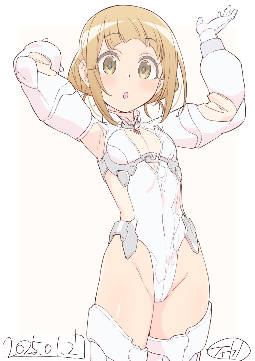 1girl, :o, absurdres, alice_gear_aegis, arms_up, brown_eyes, brown_hair, cleavage_cutout