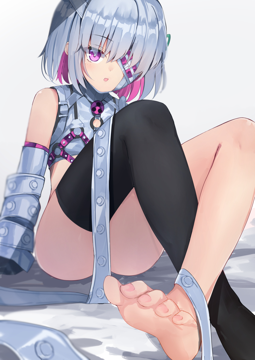 1girl, absurdres, arm_at_side, bare_shoulders, barefoot, black_thighhighs, blurry, blush