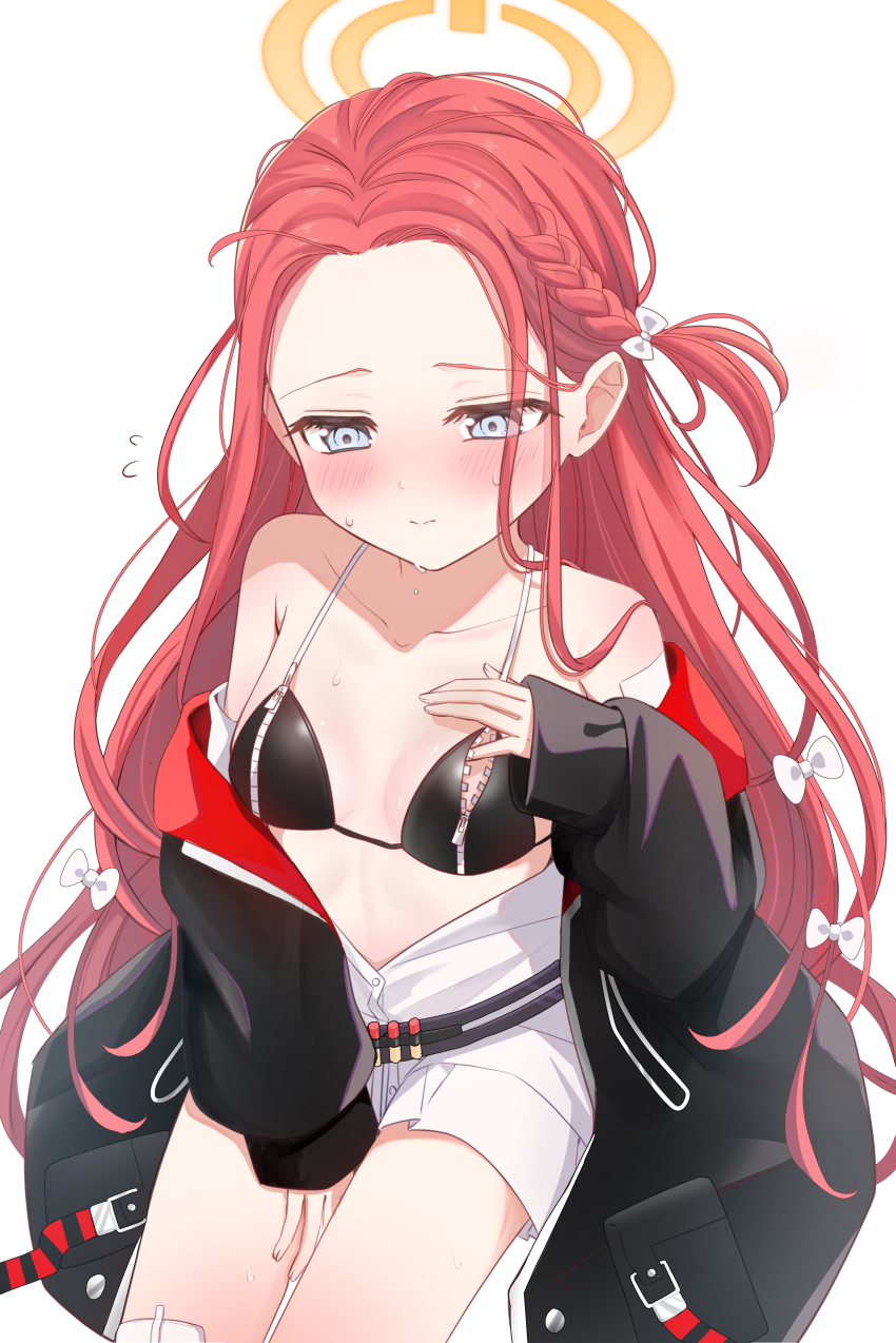 1girl, absurdres, alternate_costume, bandaid, bandaid_on_arm, bandaid_on_leg, bare_shoulders, between_legs