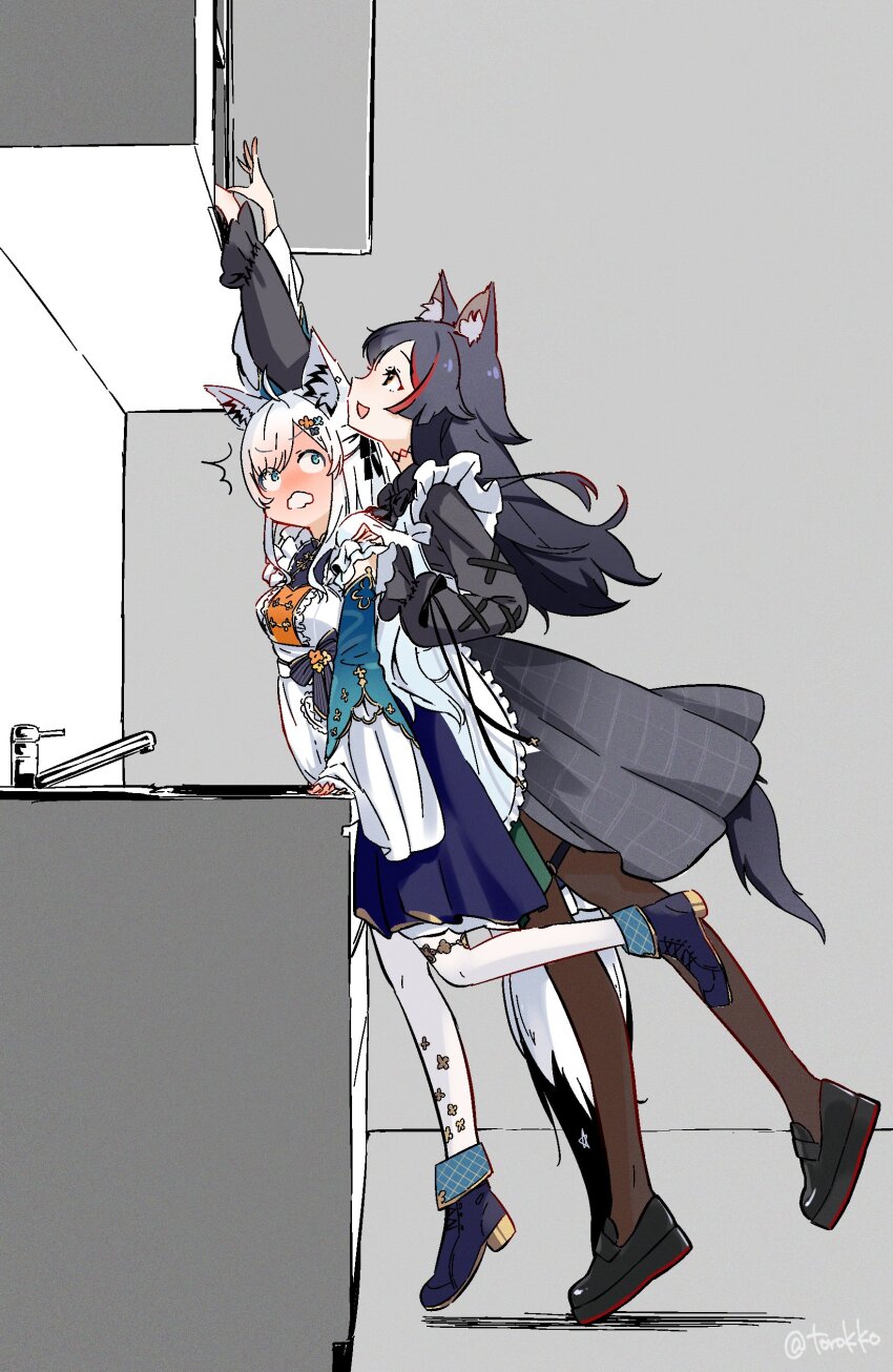 2girls, :d, :o, ^^^, absurdres, ahoge, animal_ear_fluff, animal_ears