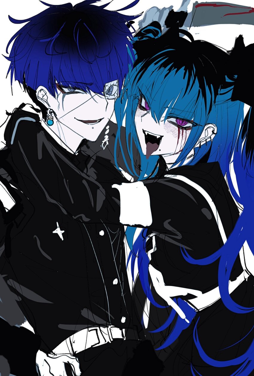 1boy, 1girl, amemiya_darumi, arm_up, arms_around_neck, belt, black_hair, black_jacket, black_sailor_collar, black_shirt, black_skirt, blue_eyes, blue_hair, chin_piercing, ear_piercing, earrings, eyepatch, eyes_visible_through_hair, eyeshadow, face_piercing, fangs, hand_on_own_hip, highres, holding, holding_knife, holding_weapon, jacket, jewelry, knife, long_hair, long_sleeves, long_tongue, looking_at_viewer, makeup, messy_hair, mismatched_earrings, mole, mole_under_mouth, multicolored_hair, omokage_yugamu, open_mouth, piercing, purple_eyes, red_eyeshadow, sailor_collar, shirt, short_hair, sidelocks, simple_background, skirt, smile, the_hundred_line_-last_defense_academy-, tongue, tongue_out, twintails, two-tone_hair, undercut, very_long_hair, weapon, white_background, white_belt, yanyihenku