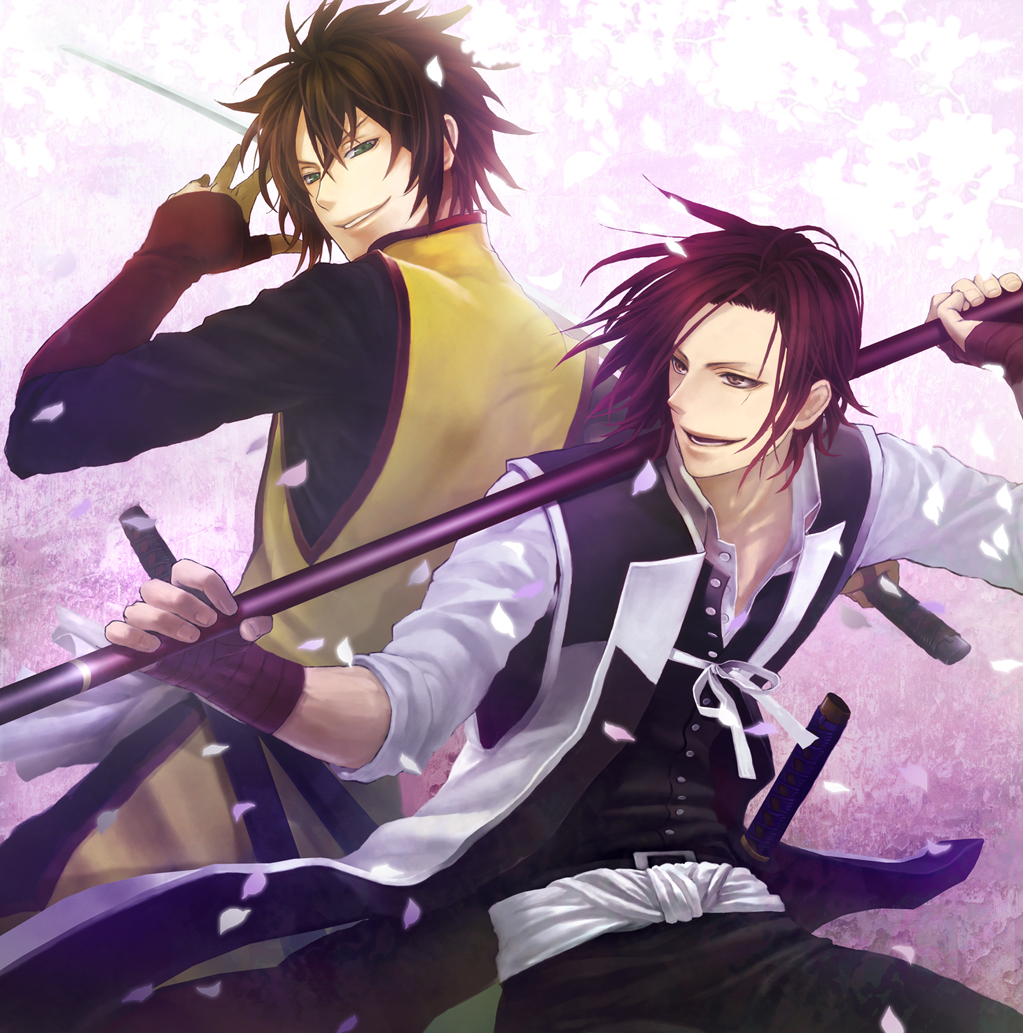 10s, 2boys, brown_hair, gradient_background, hakuouki_shinsengumi_kitan, harada_sanosuke_(hakuouki), machi555, male_focus