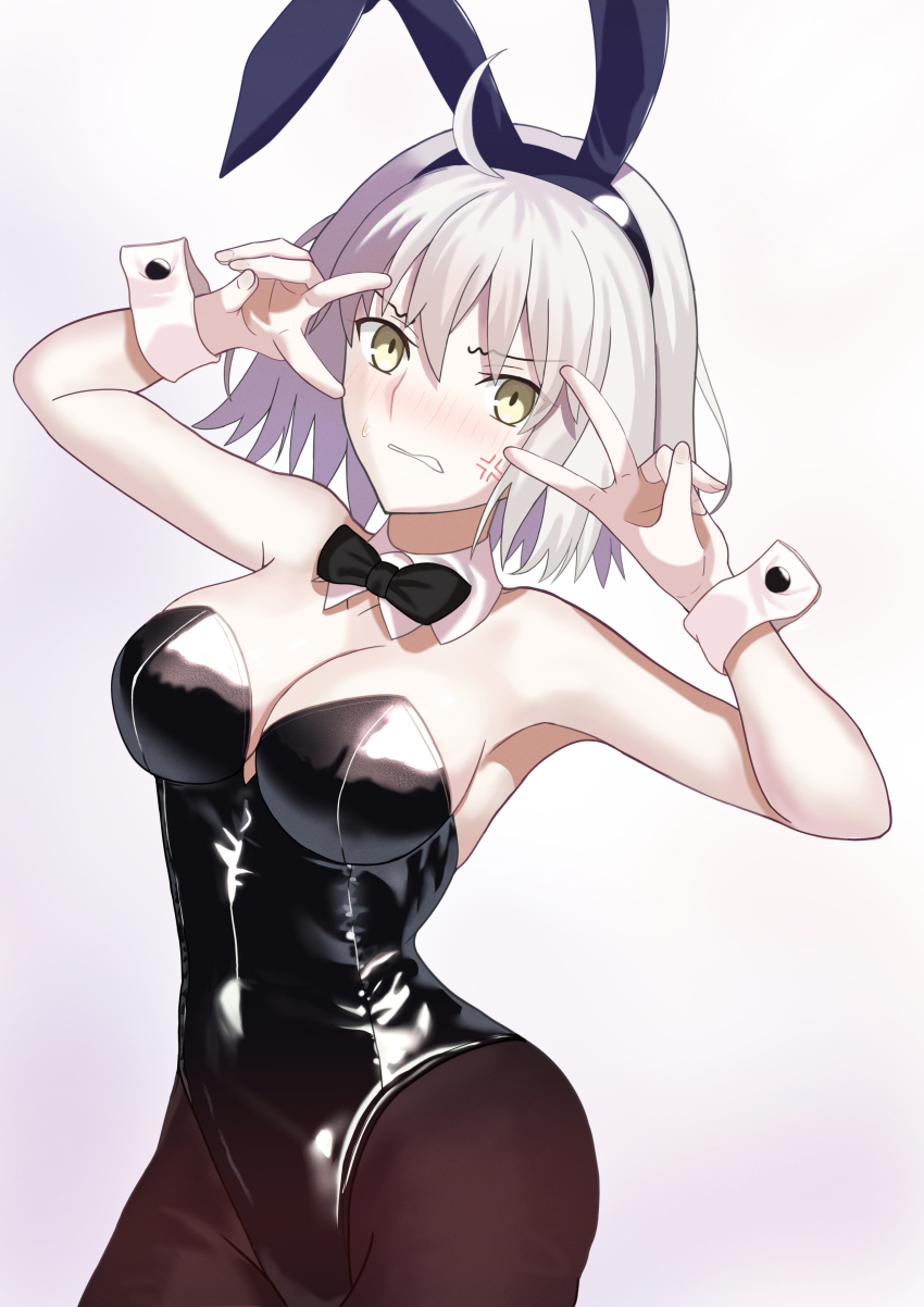 1girl, absurdres, ahoge, anger_vein, animal_ears, bare_shoulders, black_leotard, blush, bow, bowtie, breasts, cleavage, covered_navel, detached_collar, embarrassed, fake_animal_ears, fate/grand_order, fate_(series), highleg, highleg_leotard, highres, jeanne_d'arc_alter_(fate), large_breasts, leotard, pantyhose, playboy_bunny, rabbit_ears, shiny_clothes, short_hair, strapless, strapless_leotard, sweat, v, white_hair, white_wrist_cuffs, wrist_cuffs, yellow_eyes, yuzu_sanma