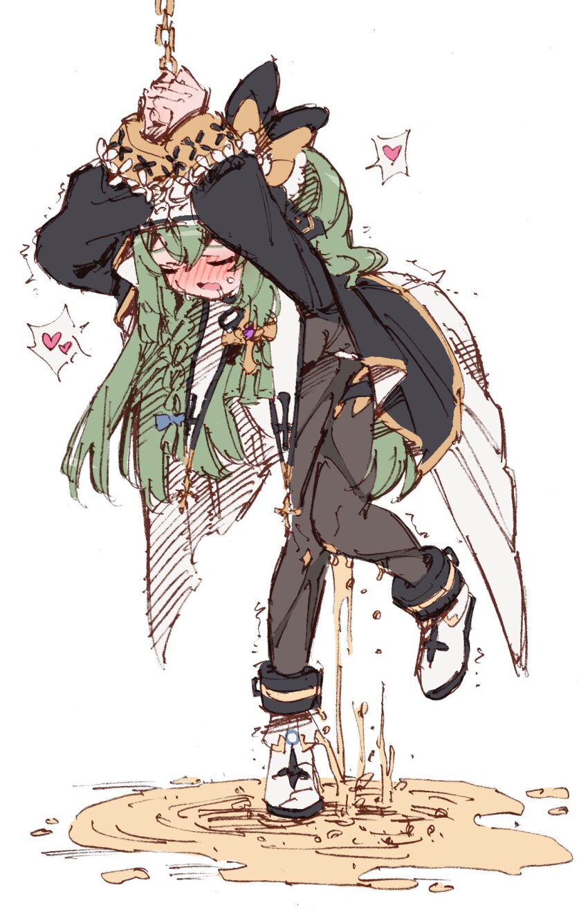 1girl, arms_up, bdsm, blush, bodystocking, bondage, boots, borrowed_character, bound, bound_wrists, bow, braid, chain, closed_eyes, cuffs, drooling, embarrassed, full_body, green_hair, have_to_pee, heart, highres, huanxiang_koudai_meow, indie_virtual_youtuber, leaning_forward, leg_up, long_hair, long_sleeves, nose_blush, nun, open_mouth, original, own_hands_together, pee, pee_puddle, peeing, peeing_self, puddle, puffy_sleeves, rune_(dualhart), second-party_source, shackles, side_braid, simple_background, single_braid, sketch, solo, speech_bubble, spoken_heart, standing, standing_on_one_leg, sweat, trembling, virtual_youtuber, wet, white_background, white_boots