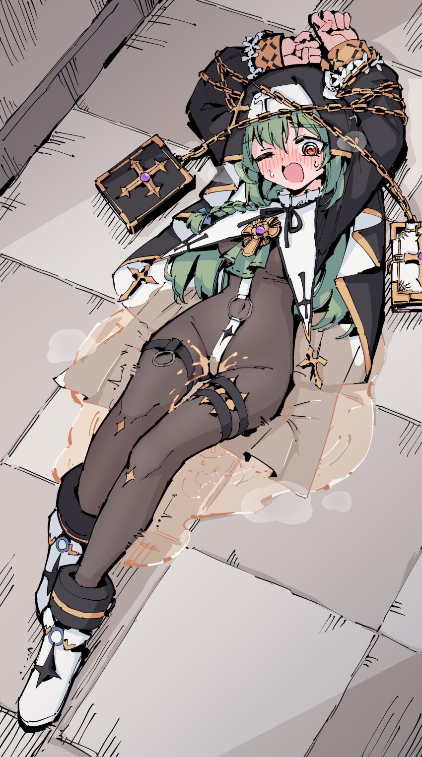 1girl, @_@, absurdres, ankle_boots, arms_up, blush, bodystocking, book, boots, borrowed_character, bound, bound_arms, braid, chain, cross, crotch_strap, cuffs, from_above, full_body, green_hair, hair_between_eyes, highres, huanxiang_koudai_meow, indie_virtual_youtuber, long_hair, long_sleeves, lying, navel, nose_blush, nun, o-ring, on_back, on_floor, one_eye_closed, open_mouth, original, pee, peeing, peeing_self, puddle, red_eyes, restrained, rune_(dualhart), second-party_source, shackles, solo, sweat, thigh_strap, tile_floor, tiles, virtual_youtuber, white_boots