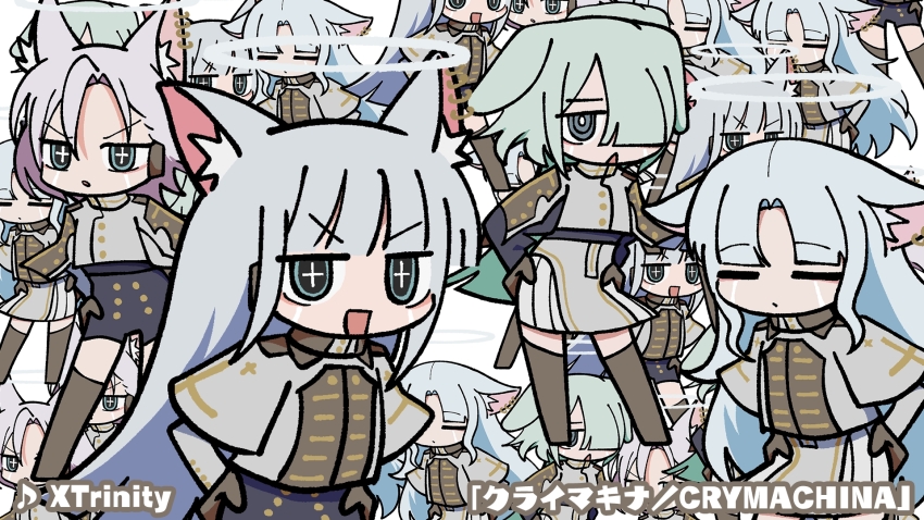 4girls, :d, animal_ear_fluff, animal_ear_piercing, animal_ears, asymmetrical_bangs, blue_hair, blue_shorts