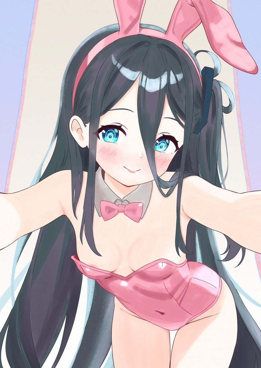 1girl, absurdly_long_hair, animal_ear_hairband, animal_ears, aqua_halo, aris_(blue_archive), black_hair, blue_archive, blue_background, blue_eyes, bow, bowtie, detached_collar, downblouse, fake_animal_ears, gradient_background, grey_pantyhose, hair_between_eyes, hairband, halo, highres, leaning_forward, leotard, loli, long_hair, long_hair_between_eyes, nico_kmochi, pantyhose, pink_bow, pink_bowtie, pink_leotard, playboy_bunny, rabbit_ears, rabbit_tail, reaching, reaching_towards_viewer, rectangular_halo, reflection, solo, strapless, strapless_leotard, tail, thigh_gap, very_long_hair