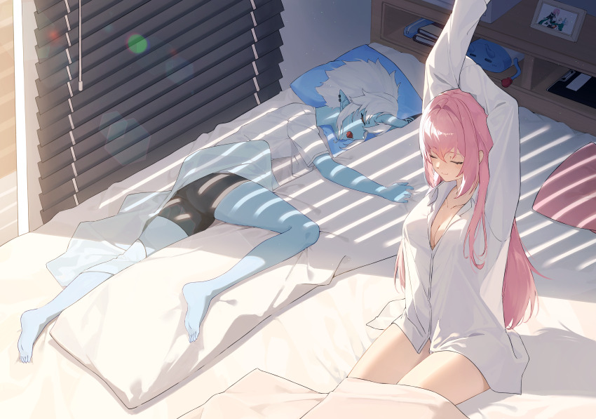 2girls, absurdres, arm_up, bed, bed_sheet, black_shorts, blue_oni, blue_skin, breasts, closed_eyes, closed_mouth, colored_skin, commentary, curtains, day, drooling, ear_piercing, english_commentary, highres, horns, lens_flare, light_smile, long_hair, long_sleeves, moon_(restire), morning, multiple_girls, oni, open_mouth, picture_frame, piercing, pillow, pink_hair, pointy_ears, see-through_silhouette, shelf, shirt, short_hair, short_sleeves, shorts, sitting, skin-covered_horns, sleeping, sleeves_past_wrists, soukaku_(zenless_zone_zero), stretching, thighs, tsukishiro_yanagi, white_hair, white_shirt, zenless_zone_zero