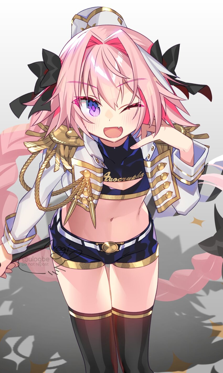 1boy, astolfo_(fate), astolfo_(type-moon_racing)_(fate), belt, black_bow, black_shirt, black_shorts, black_thighhighs