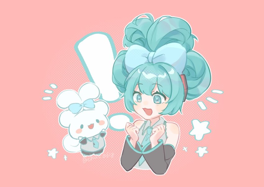!, 1girl, aqua_eyes, aqua_hair, aqua_necktie, bare_shoulders, black_sleeves, blue_bow, blue_bowtie, blush_stickers, bow, bowtie, chu_0618, cinnamiku, cinnamoroll, cosplay, creature, detached_sleeves, fuwa_fuwa_cinnamoroll, hatsune_miku, hatsune_miku_(cosplay), highres, necktie, notice_lines, pink_background, sanrio, sidelocks, simple_background, smile, star_(symbol), vocaloid