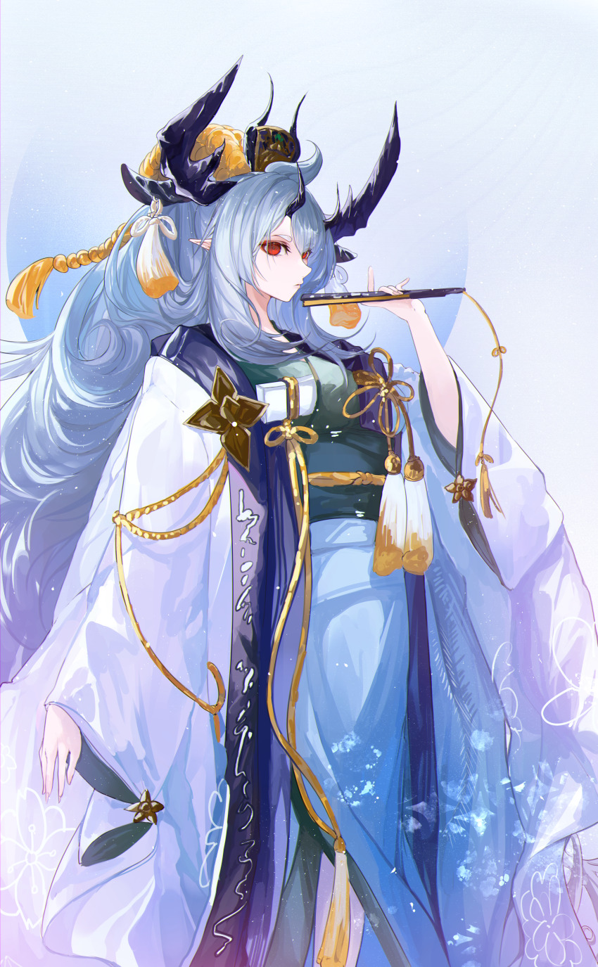 1girl, absurdres, arknights, black_horns, closed_mouth, grey_hair, hand_fan, highres